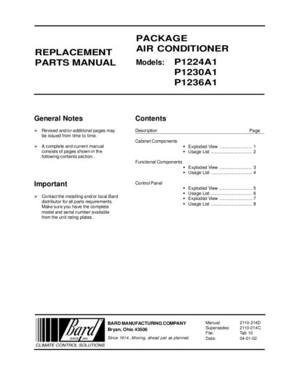 Bard Air Conditioner Parts Manual 06