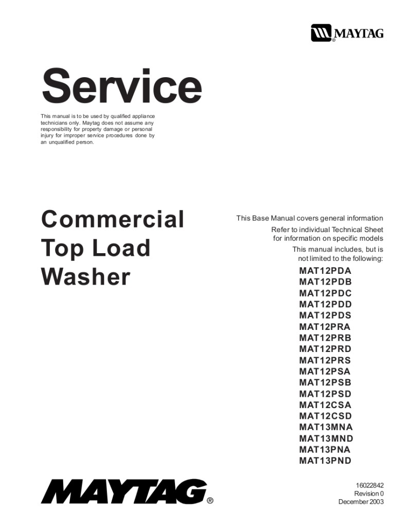 Maytag Commercial Top Load Washer Service Manual For Models MAT12 And MAT13