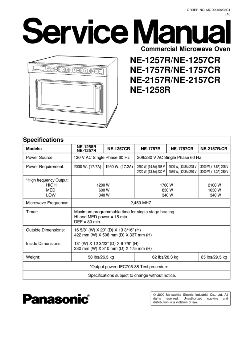 Panasonic Microwave Oven Service Manual Model NE1257