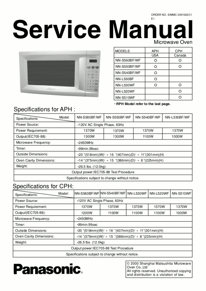 Panasonic Microwave Oven Service Manual Model NNS510WF