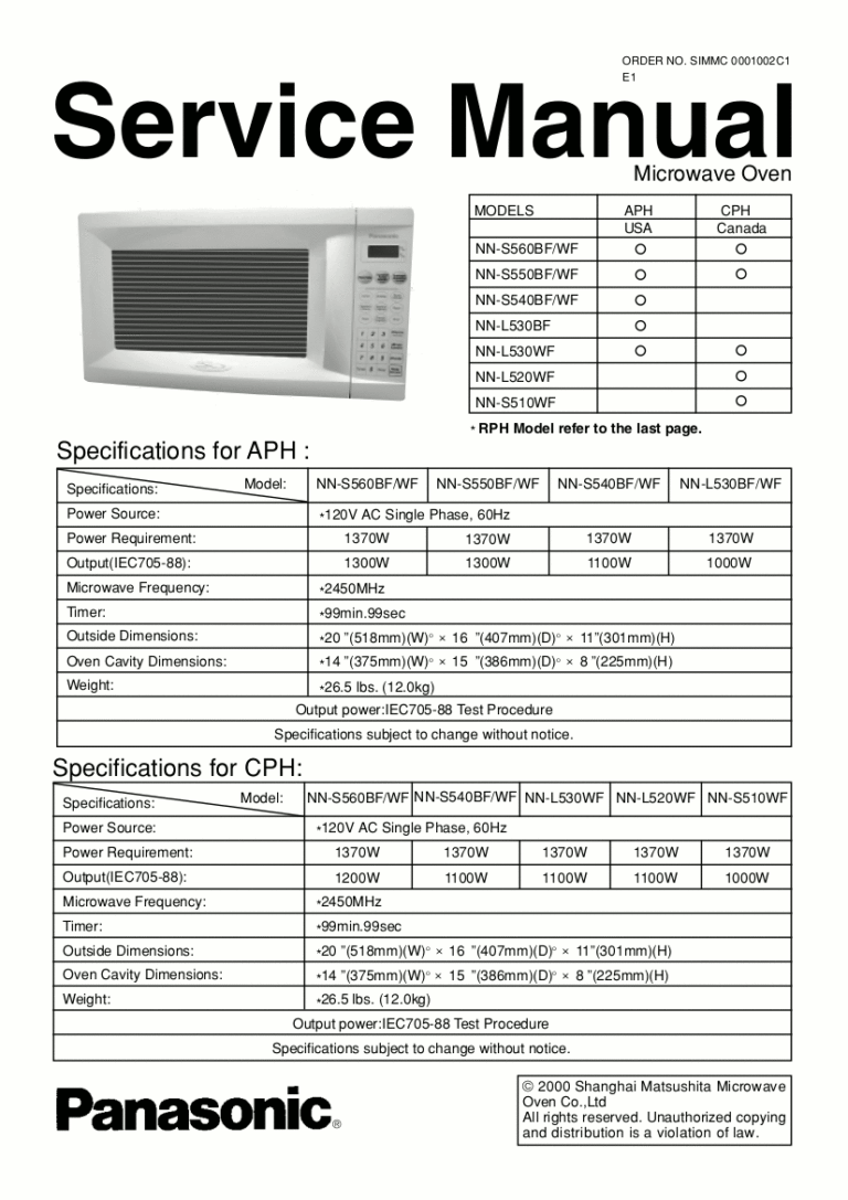 Panasonic Nn Sn960s Microwave Owners Manual