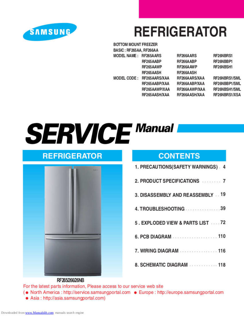 Samsung Refrigerator Service Manual for Model RF265AA, RF26NB