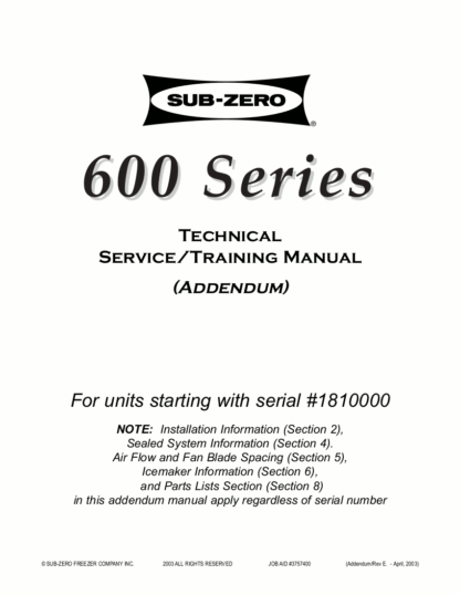 Sub-Zero Refrigerator Service Manual Model 14