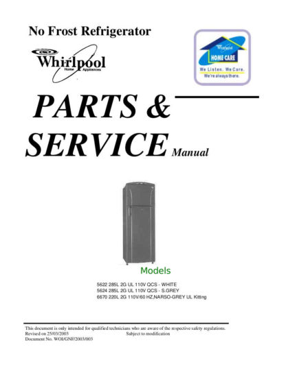 Whirlpool Air Refrigerator Service Manual Model 10
