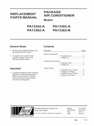 Bard Air Conditioner Parts Manual 04