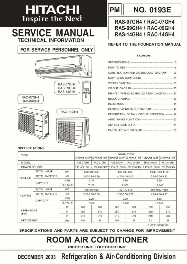 Hitachi Air Conditioner Service Manual Model Ras 07gh4 