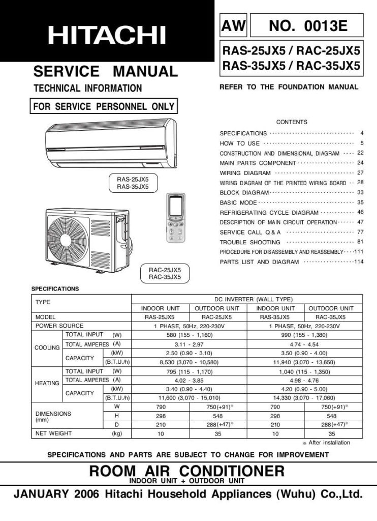 Hitachi Air Conditioner Service Manual Model Ras 25jx5 