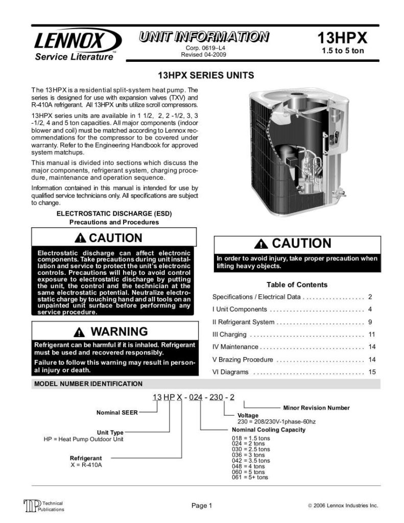 Lennox Air Conditioner Service Manual Model 13HPX-018