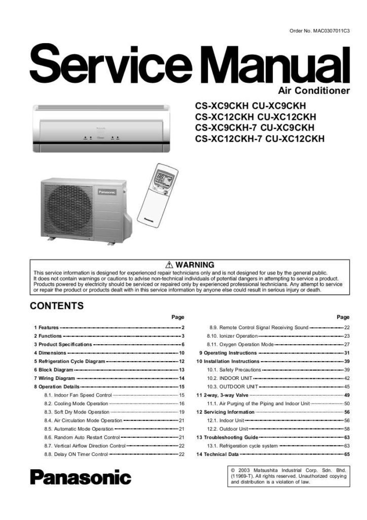 Panasonic Air Conditioner Service Manual Model Cs Xc9ckh 1350