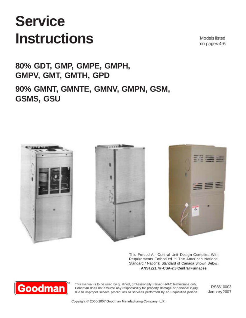 Goodman Gas Furnace Service Manual For Models Gmt Gmp Gdt And Gmph