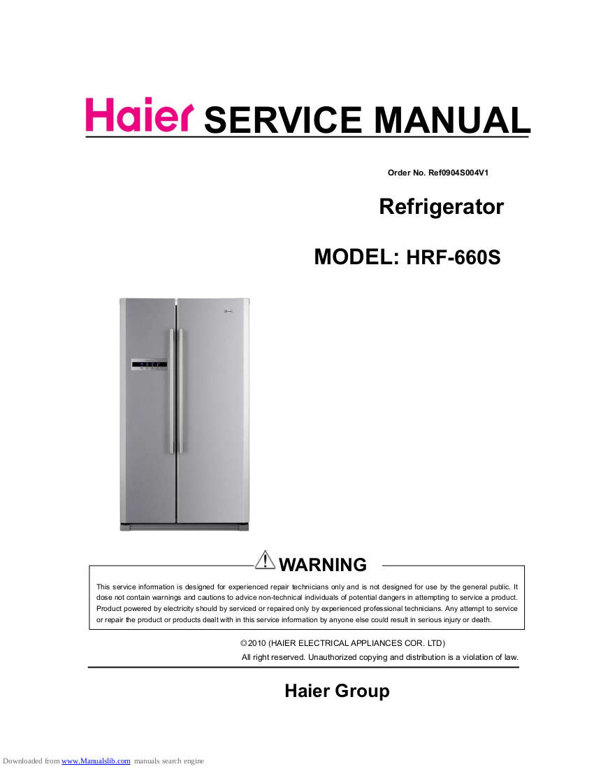 Haier Refrigerator Service Manual for Model HRF-660S
