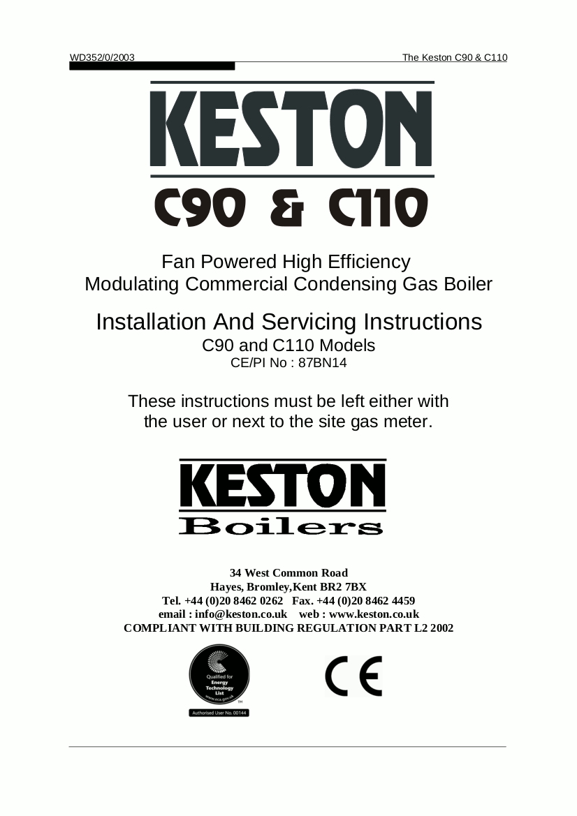 Keston Boiler Service Manual for Models C90 and C110